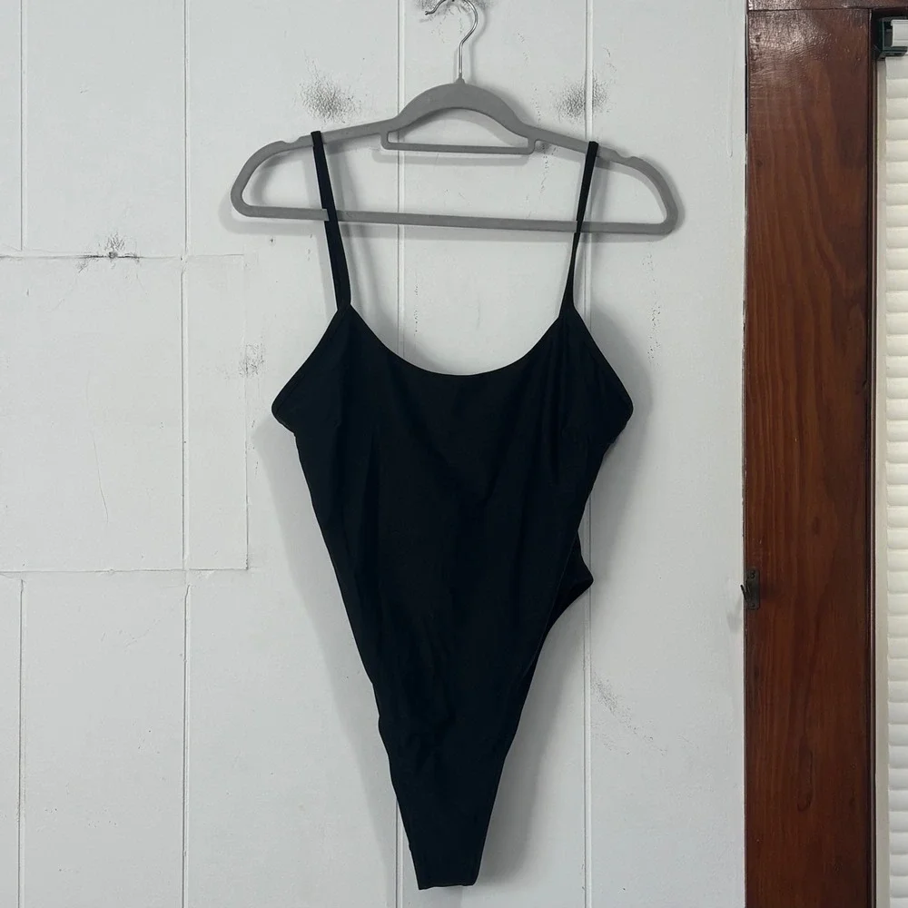 Amazon Womens Solid Black One Piece Swimsuit High Cut Spaghetti Strap Large